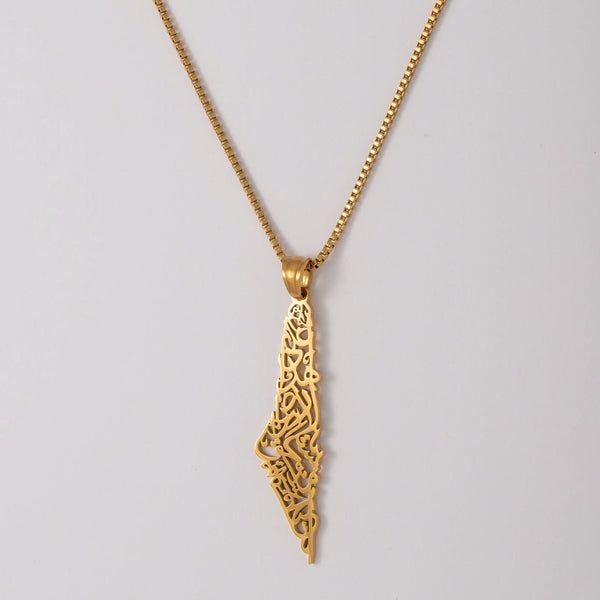 Palestine Calligraphy Map Necklace